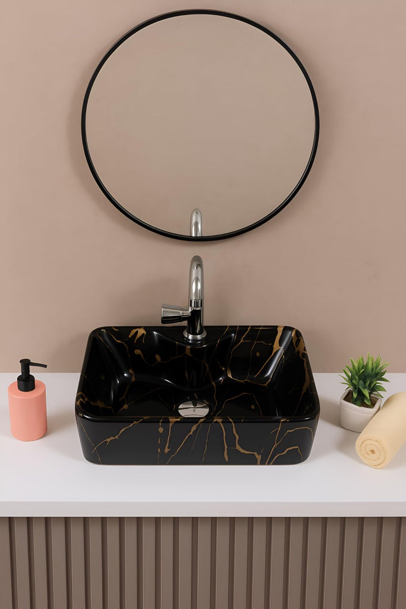 OSOSAM Imported Premium Designer Table Top Wash Basin – Ceramic Bathroom Sink – Over Counter Basin (20 x 15 x 5.5 Inch) – Black Gold Jelly - Image 5