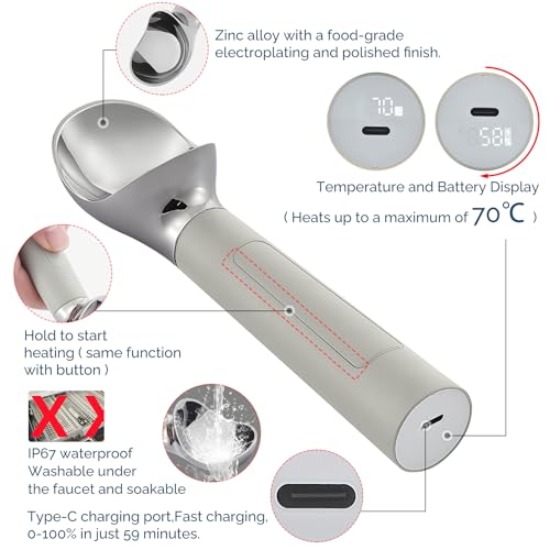 FrostJoy Heated Ice Cream Scoop, USB Rechargeable Electric Scooper with LED Display, Heats to 158°F for Hard Ice Cream, Easy for Seniors & Kids, IP67 Waterproof – Grey - Image 3