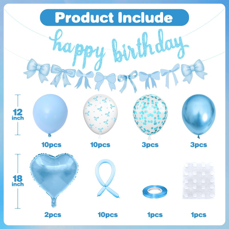 Vibzox Blue Bow Birthday Decorations,Bow Coquette Party Decorations with Blue Happy Birthday Banner Bow Balloons Heart Foil Balloons for Girls Women Baby Shower Bow Theme Decor - Image 2