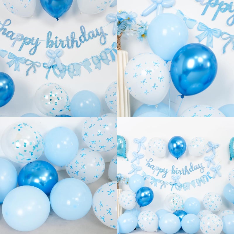 Vibzox Blue Bow Birthday Decorations,Bow Coquette Party Decorations with Blue Happy Birthday Banner Bow Balloons Heart Foil Balloons for Girls Women Baby Shower Bow Theme Decor - Image 4
