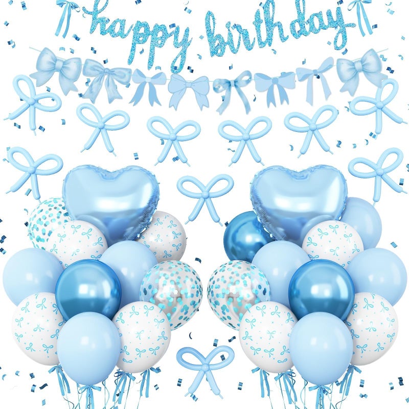 Vibzox Blue Bow Birthday Decorations,Bow Coquette Party Decorations with Blue Happy Birthday Banner Bow Balloons Heart Foil Balloons for Girls Women Baby Shower Bow Theme Decor - Image 1