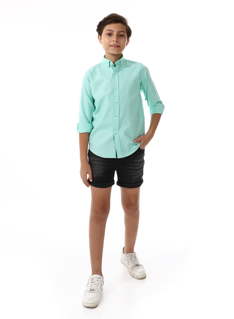 Turn Down Collar Boys Oxford Shirt_ Aqua Green
