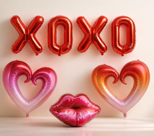 Beaumode Valentines Day Balloons Set XOXO Letters Red Lips Ombre Hollow Heart Foil Jumbo Mylar Balloons for Galentines Day Bachelorette First Birthday Engagement Party Decorations Rose Red Pink - Image 1