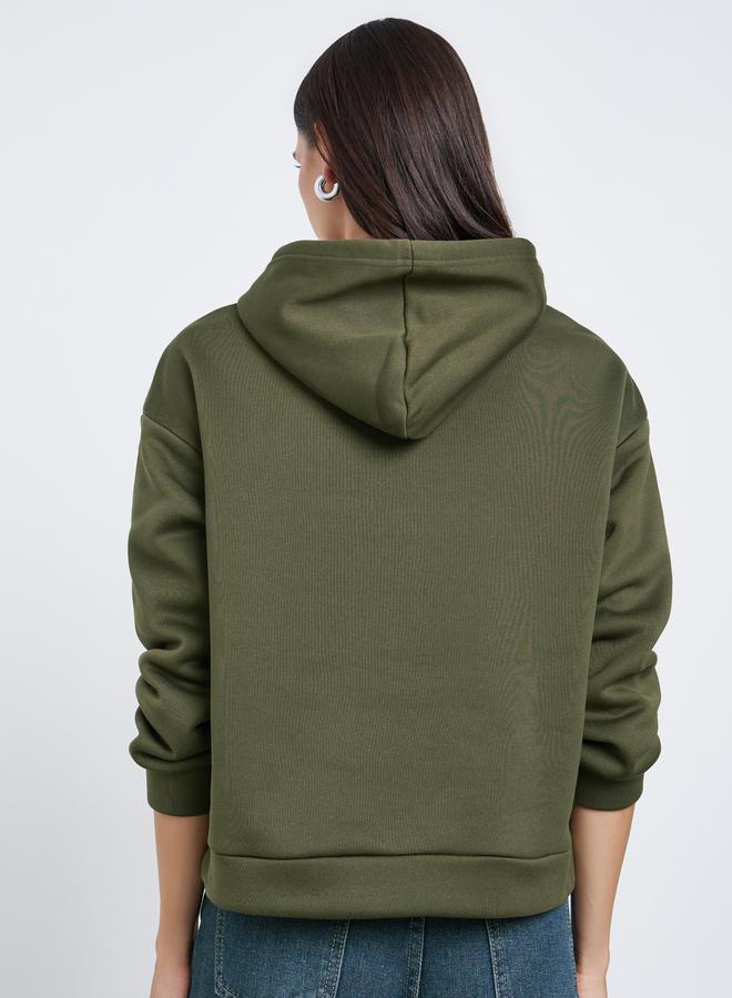 Styli Olive Regular Fit Embroidered Panel Hoodie - Image 4