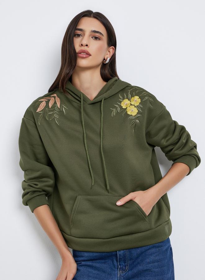 Styli Olive Regular Fit Embroidered Panel Hoodie - Image 1