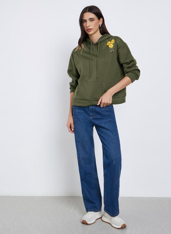 Styli Olive Regular Fit Embroidered Panel Hoodie - Image 2