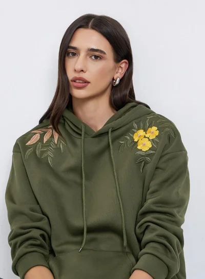 Styli Olive Regular Fit Embroidered Panel Hoodie