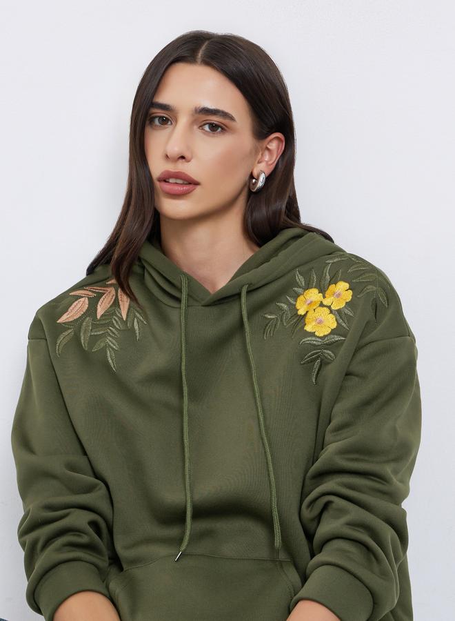 Styli Olive Regular Fit Embroidered Panel Hoodie - Image 1