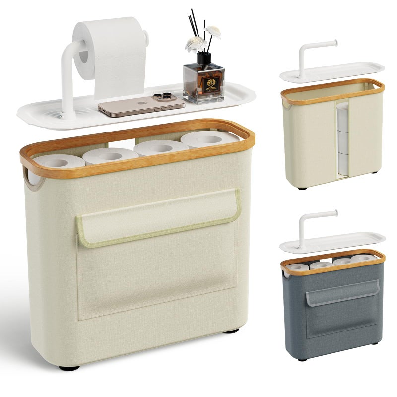 TAZENI Toilet Paper Storage Basket Holder Holds 912 1 Rolls Elegant MultiFunctional Bathroom Toilet Paper Holder Stand Storage Organizer Waterproof with Tray Hold Phone Wet Wipes Beige - Image 2