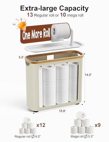 TAZENI Toilet Paper Storage Basket Holder Holds 912 1 Rolls Elegant MultiFunctional Bathroom Toilet Paper Holder Stand Storage Organizer Waterproof with Tray Hold Phone Wet Wipes Beige - Image 3