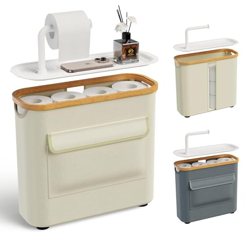TAZENI Toilet Paper Storage Basket Holder Holds 912 1 Rolls Elegant MultiFunctional Bathroom Toilet Paper Holder Stand Storage Organizer Waterproof with Tray Hold Phone Wet Wipes Beige - Image 1