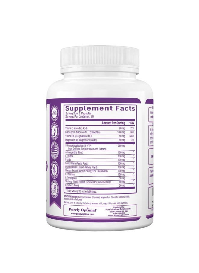 Purely Optimal - Premium 5-HTP Plus Supplement 250mg Maximum Strength - Sleep Aid, Mood Boost, Promotes Calm & Relaxation, Stress Management Support - Enhanced with Vitamin B6, Gluten Free, Non-GMO, 60 Veggie Caps - Image 1