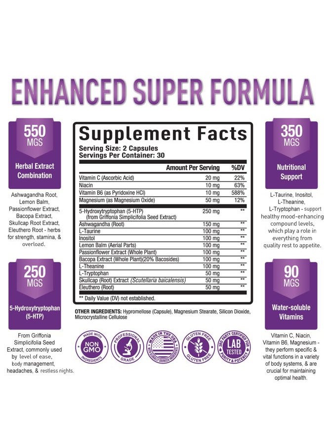 Purely Optimal - Premium 5-HTP Plus Supplement 250mg Maximum Strength - Sleep Aid, Mood Boost, Promotes Calm & Relaxation, Stress Management Support - Enhanced with Vitamin B6, Gluten Free, Non-GMO, 60 Veggie Caps - Image 1