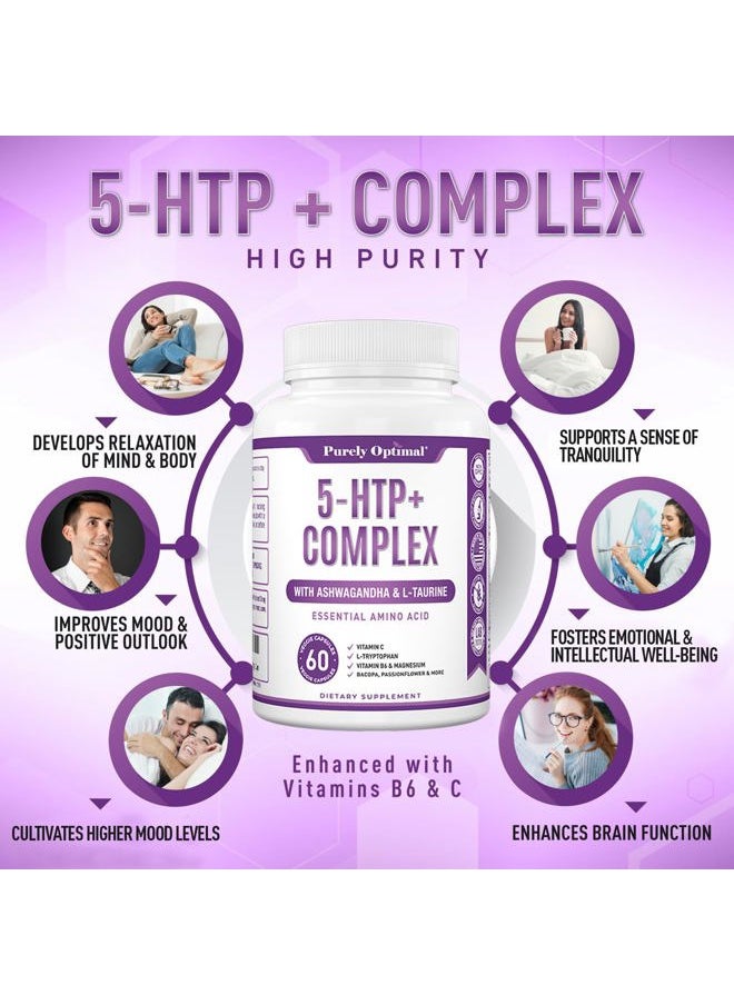 Purely Optimal - Premium 5-HTP Plus Supplement 250mg Maximum Strength - Sleep Aid, Mood Boost, Promotes Calm & Relaxation, Stress Management Support - Enhanced with Vitamin B6, Gluten Free, Non-GMO, 60 Veggie Caps - Image 1