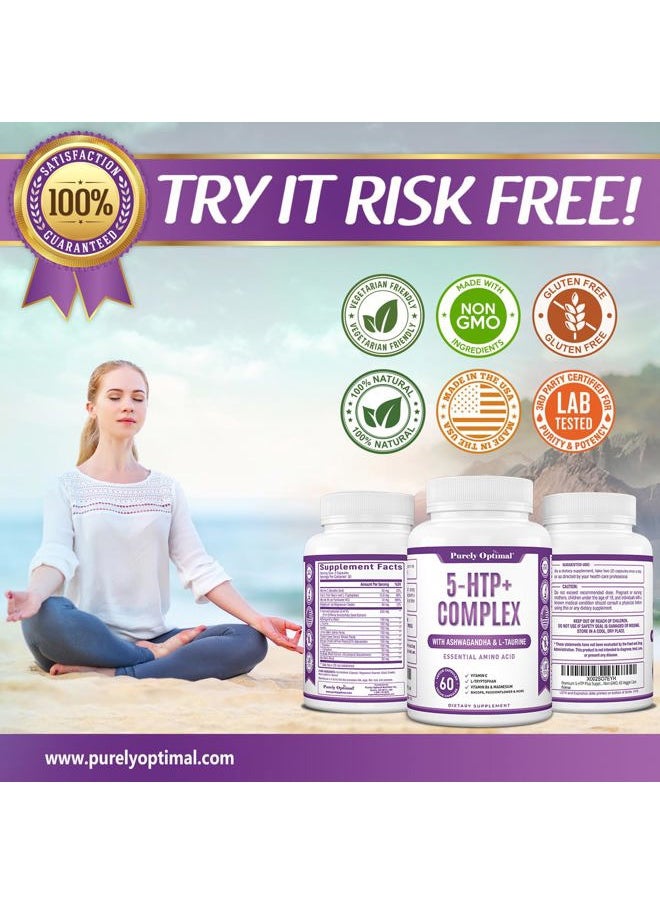 Purely Optimal - Premium 5-HTP Plus Supplement 250mg Maximum Strength - Sleep Aid, Mood Boost, Promotes Calm & Relaxation, Stress Management Support - Enhanced with Vitamin B6, Gluten Free, Non-GMO, 60 Veggie Caps - Image 1