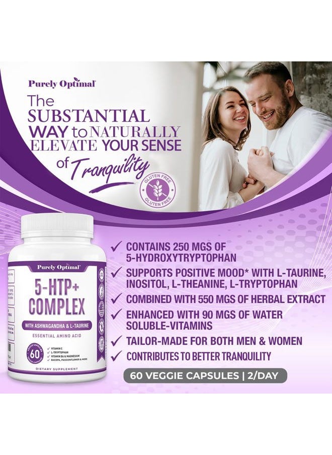 Purely Optimal - Premium 5-HTP Plus Supplement 250mg Maximum Strength - Sleep Aid, Mood Boost, Promotes Calm & Relaxation, Stress Management Support - Enhanced with Vitamin B6, Gluten Free, Non-GMO, 60 Veggie Caps - Image 1