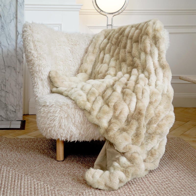 blunique Faux Fur Blanket Throw Blanket for Couch Fluffy Blanket with Stretch Ruched Design Ultra Soft Giftable Home Decor 50x60 inches TieDyed in Khaki
