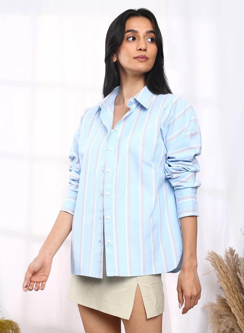 PINACOLADA Women's Baby Blue Striped Boxy Shirt