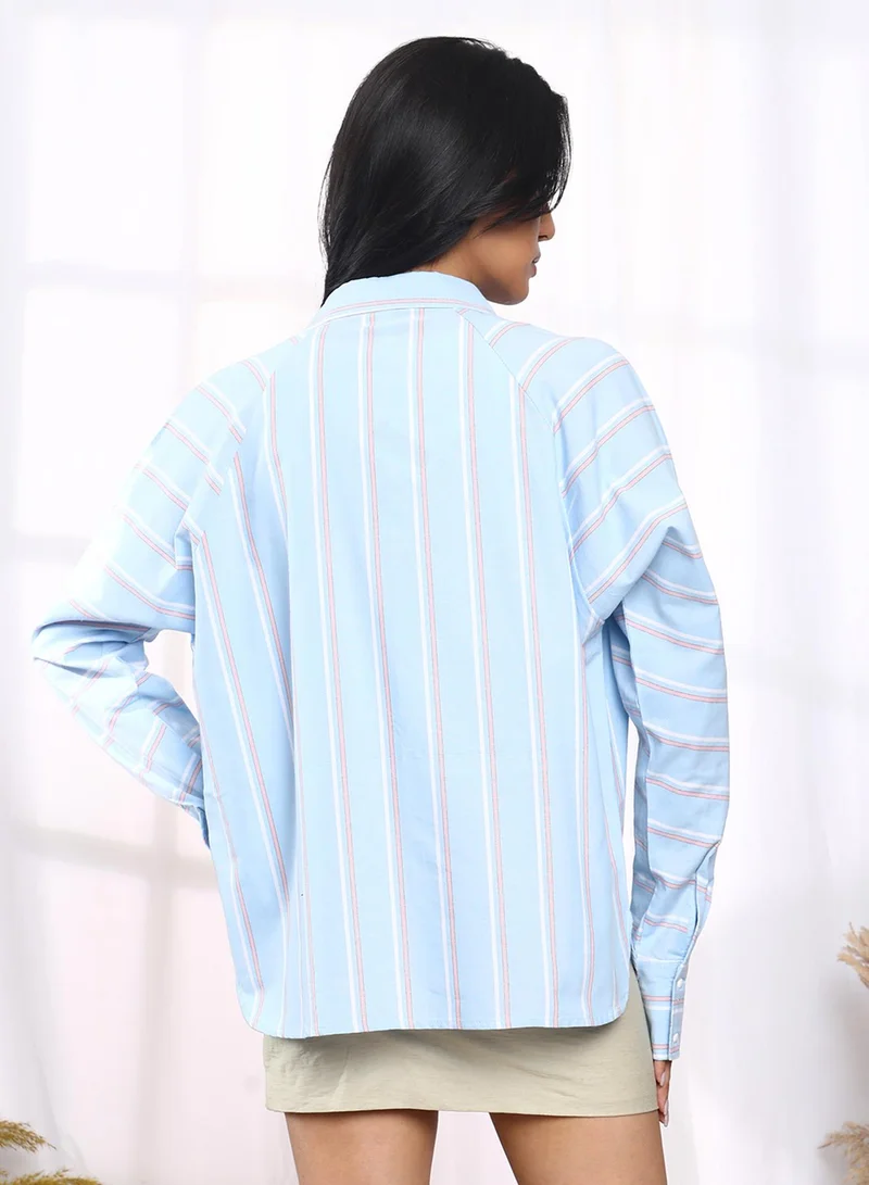 PINACOLADA Women's Baby Blue Striped Boxy Shirt