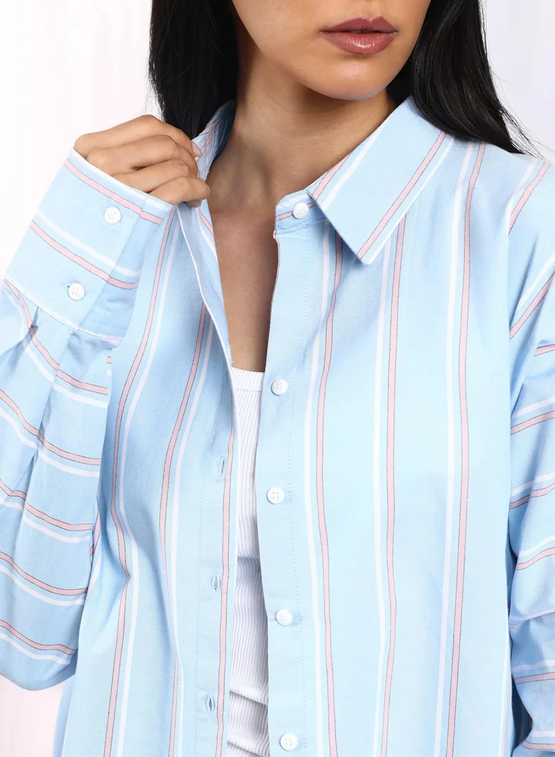 PINACOLADA Women's Baby Blue Striped Boxy Shirt