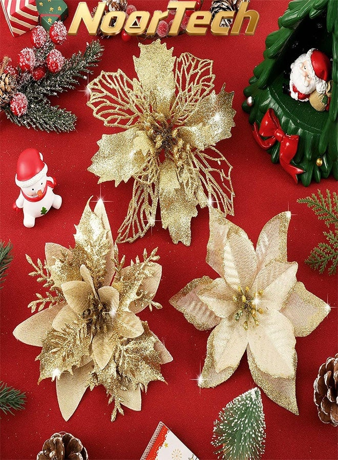 yumee 24Pcs Glitter Gold Christmas Poinsettia Artificial Flowers with 24 Clips Xmas Tree Wreath Decor for Holiday Party New Year Home Outdoor Porch - Image 1