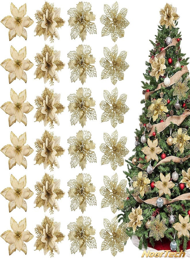 yumee 24Pcs Glitter Gold Christmas Poinsettia Artificial Flowers with 24 Clips Xmas Tree Wreath Decor for Holiday Party New Year Home Outdoor Porch - Image 2