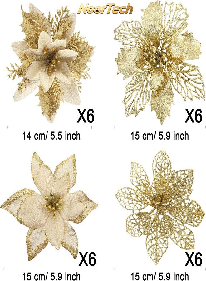 yumee 24Pcs Glitter Gold Christmas Poinsettia Artificial Flowers with 24 Clips Xmas Tree Wreath Decor for Holiday Party New Year Home Outdoor Porch - Image 4