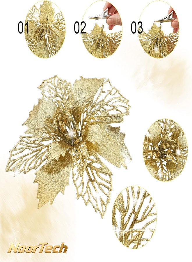 yumee 24Pcs Glitter Gold Christmas Poinsettia Artificial Flowers with 24 Clips Xmas Tree Wreath Decor for Holiday Party New Year Home Outdoor Porch - Image 5