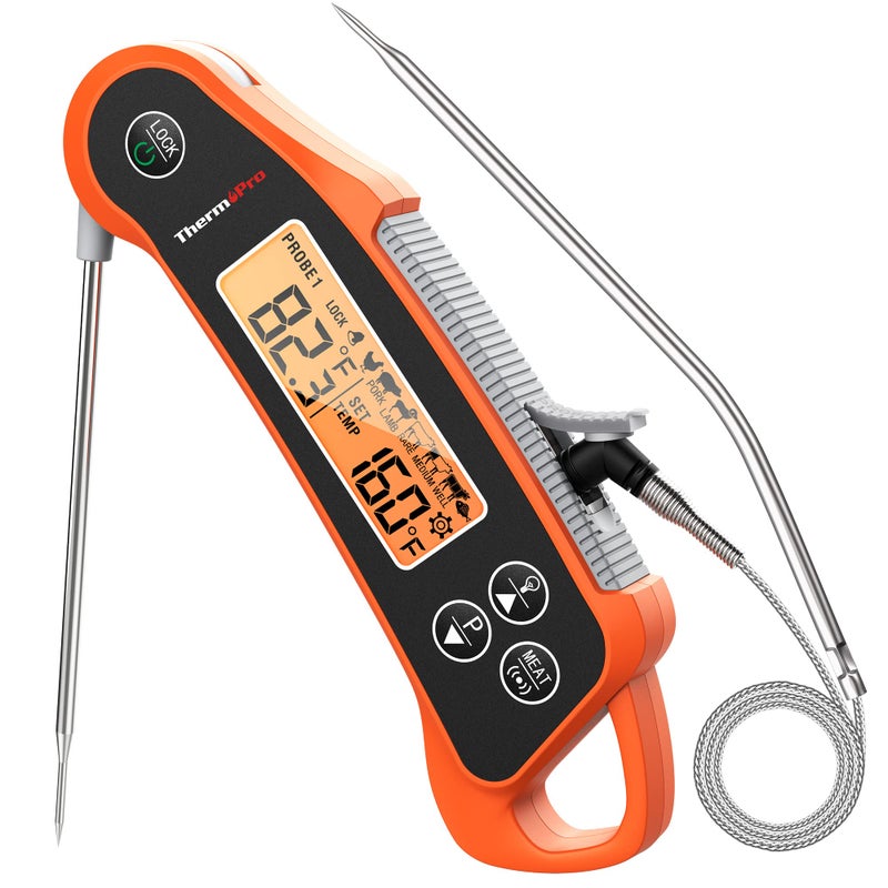 ترمومتر لحوم رقمي ThermoPro TP710 لقراءة فورية 2 في 1 مقاوم للماء لمطبخ الطعام مع مجسات مزدوجة وعرض مزدوج لدرجة الحرارة للشواء والفرن والمدخن BBQ