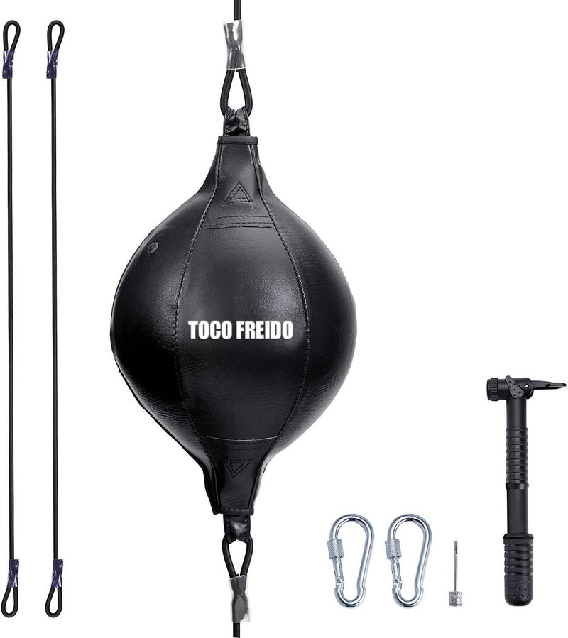 TOCO FREIDO PU Leather Boxing Ball, MMA Double End Punching Ball for Speed and Coordination Gym MMA Boxing Sports Punch Bag with Floor to Ceiling Rope Workout Training Gym Exercise Agility - Image 1