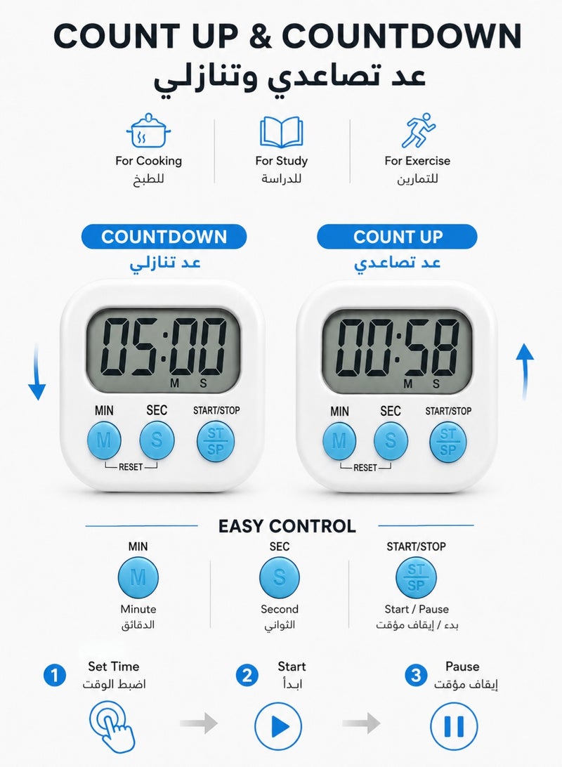 Eggssentials Digital Kitchen Timer with Large LCD Display, Loud Alarm, Magnetic Back and Fold-Out Stand, Count Up and Countdown Timer for Cooking, Baking, Study and Exercise, White - Image 4