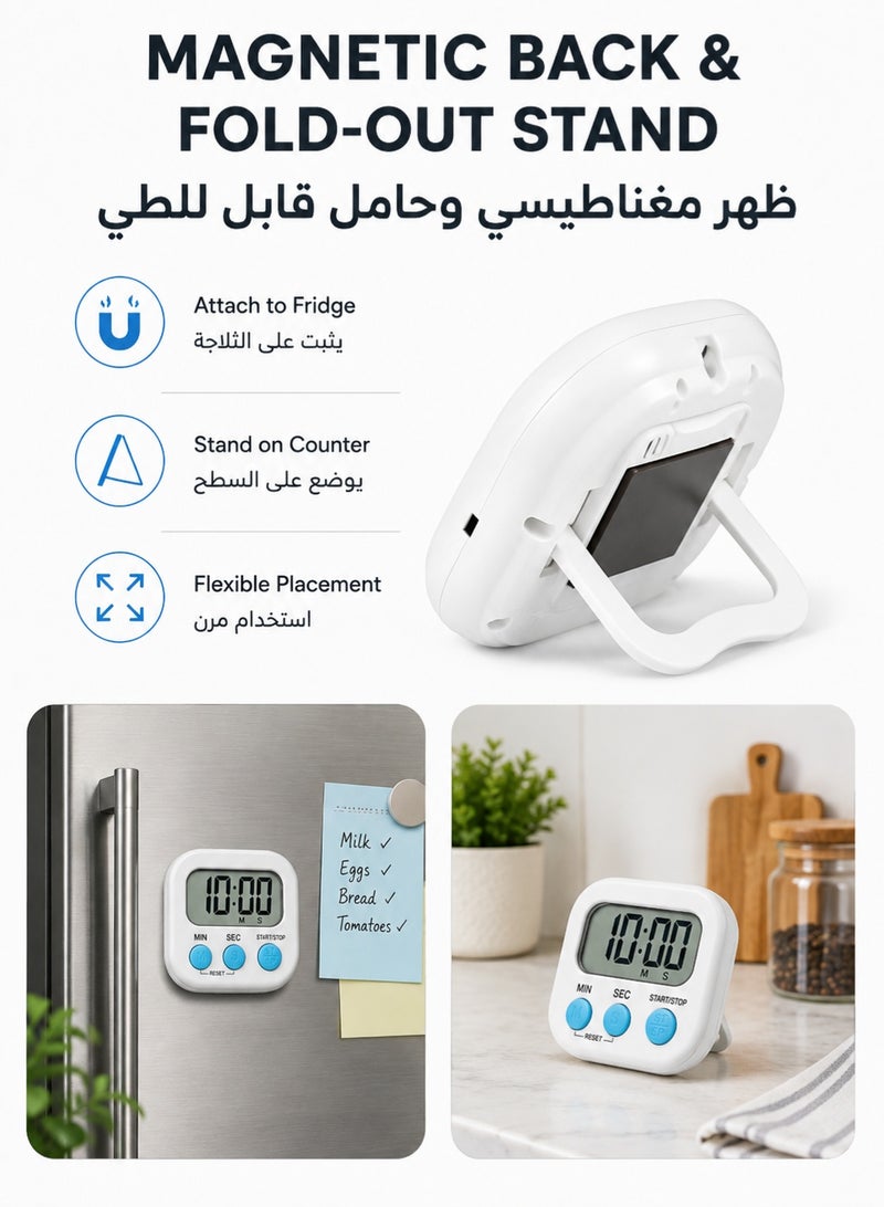 Eggssentials Digital Kitchen Timer with Large LCD Display, Loud Alarm, Magnetic Back and Fold-Out Stand, Count Up and Countdown Timer for Cooking, Baking, Study and Exercise, White - Image 3