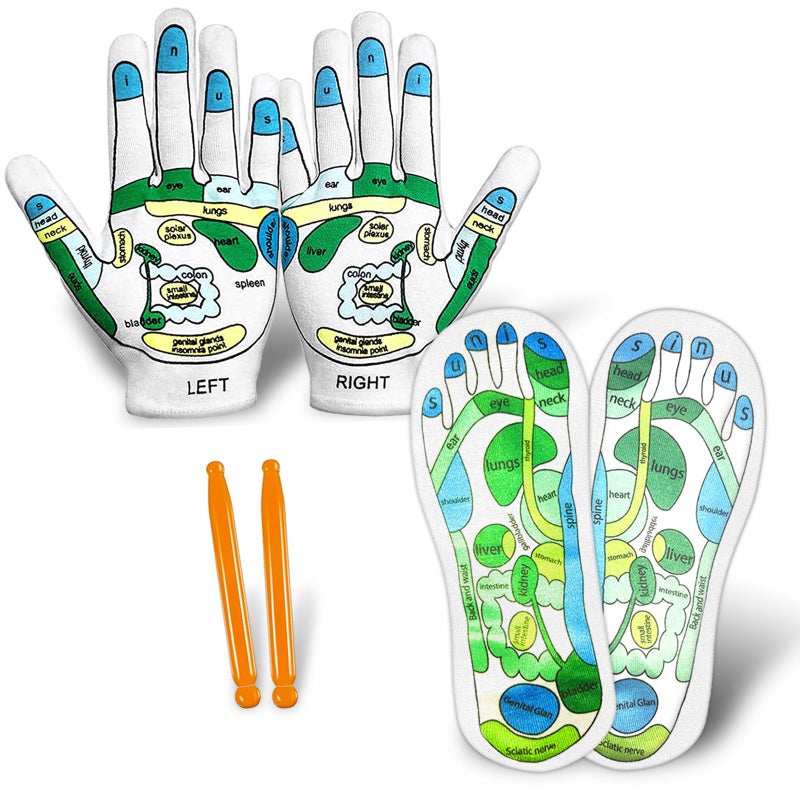 Elfzone Elfzone Acupressure Socks and Gloves 4 Pcs Reflexology Socks with Tools Tutorial Reflexology Gloves with Massage Sandal Pain Relief Acupuncture Socks for Foot Massage 2 Rods