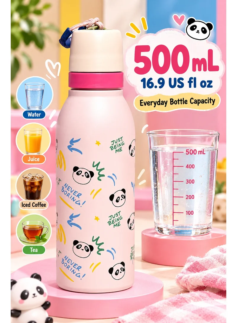 Tooly Panda Design Pink 500ml Insulated Stainless Steel Water Bottle with Leak-Proof Lid & Carry Strap | Double Wall Vacuum Flask | Keeps Drinks Hot for 12 Hours & Cold for 24 Hours | BPA Free