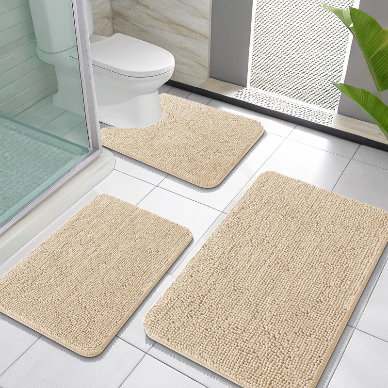OLANLY Bathroom Rugs Sets 3 Piece, Soft Absorbent Chenille Bath Mats and U-Shaped Contour Toilet Rug, Quick Dry, Home Decor Accessories, Bath Mat Set for Bathroom (30"x20"+24"x16"+24"x20", Beige) - Image 1