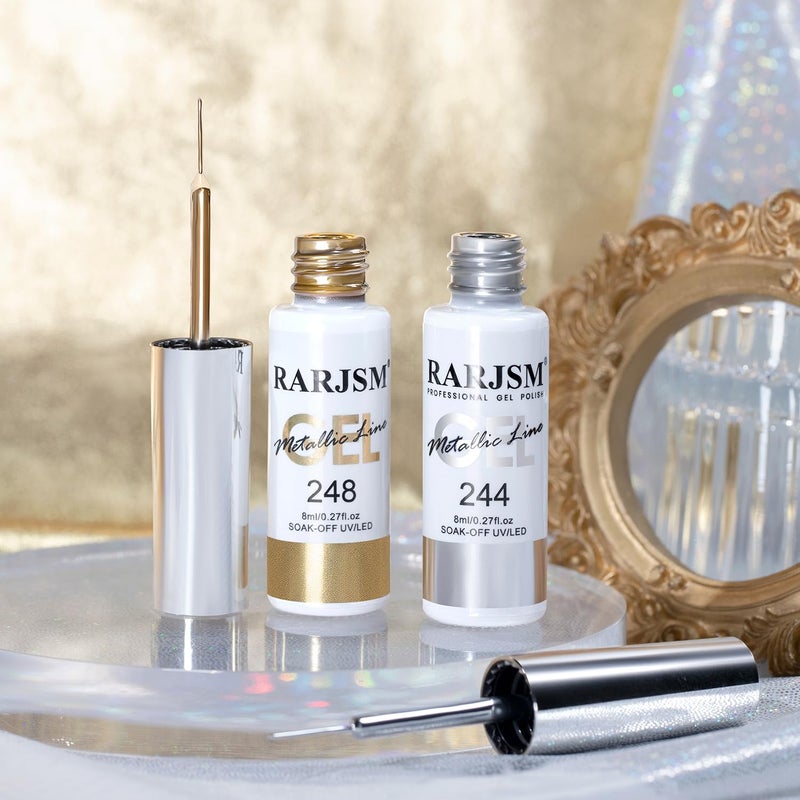 RARJSM طلاء أظافر جل معدني من RARJSM باللون الفضي البرونزي الذهبي، طقم مكون من قطعتين، مرآة كروم، تأثير ثلاثي الأبعاد، طلاء أظافر جل 8 مل، فرشاة رفيعة مدمجة، طلاء أظافر معدني مطلي، يتطلب الصالون المنزلي - Image 4