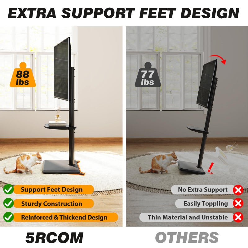 5Rcom Floor TV Stand with Mount for 32-60 inch TVs, Swivel and Height Adjustable Floor Standing TV Stands with Wood Base, Tall TV Stand with Shelf up to 88 lbs for Living Room, Bedroom and Corner - Image 2