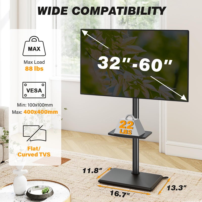 5Rcom Floor TV Stand with Mount for 32-60 inch TVs, Swivel and Height Adjustable Floor Standing TV Stands with Wood Base, Tall TV Stand with Shelf up to 88 lbs for Living Room, Bedroom and Corner - Image 5