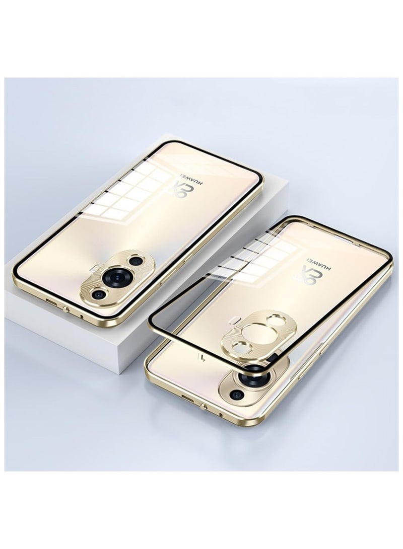 general Case Compatible with Huawei Nova 11 Pro, Magnetic Metal Hard Frame + Clear Tempered Glass Back Non Slip Shockproof Case with Camera Protector