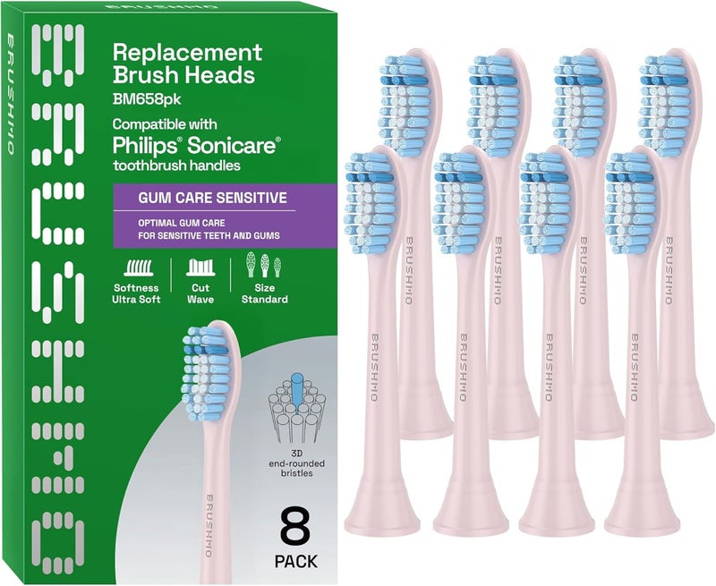 Gum Care Sensitive Replacement Toothbrush Heads, Compatible with Philips Sonicare Click-on Toothbrush Handles, 8 Standard Heads, Extra Soft Dupont Bristles for Sensitive Teeth, BM658, Pink