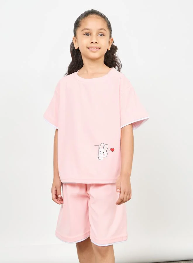 Styli Oversized Waffle Texture Teddy Graphic Print T-shirt and Short Set