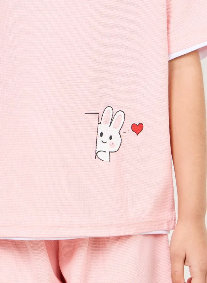 Styli Oversized Waffle Texture Teddy Graphic Print T-shirt and Short Set