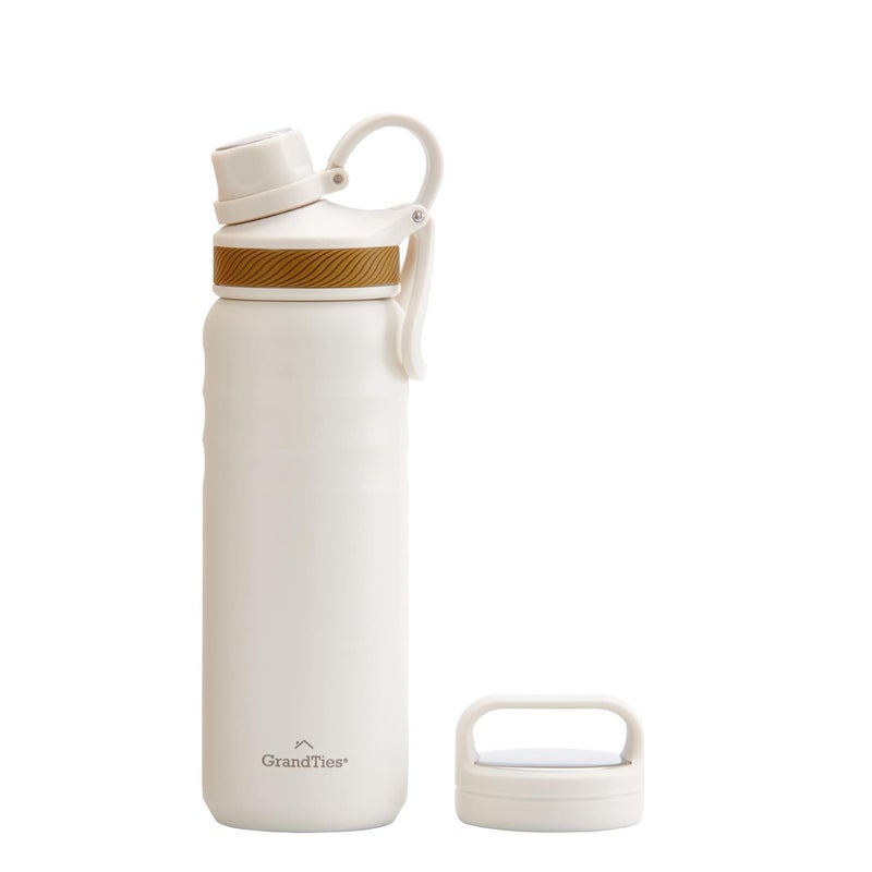 GRANDTIES 2 Lids Sports Stainless Steel Water Bottles Wide Mouth Vacuum Insulated Reusable Leak Proof BPAFree Travel Metal Canteen Thermal Bottles for Men Women Gym Ivory White 24 oz