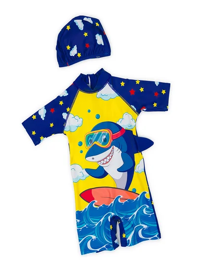 babyqlo Surfing Shark Swimwear Set with Cap for Boys