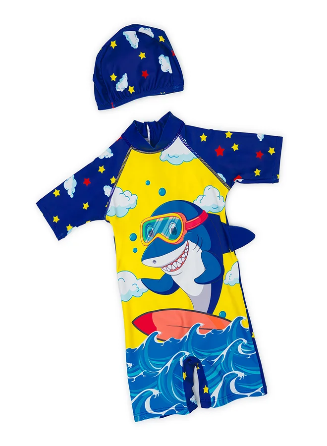 babyqlo Surfing Shark Swimwear Set with Cap for Boys
