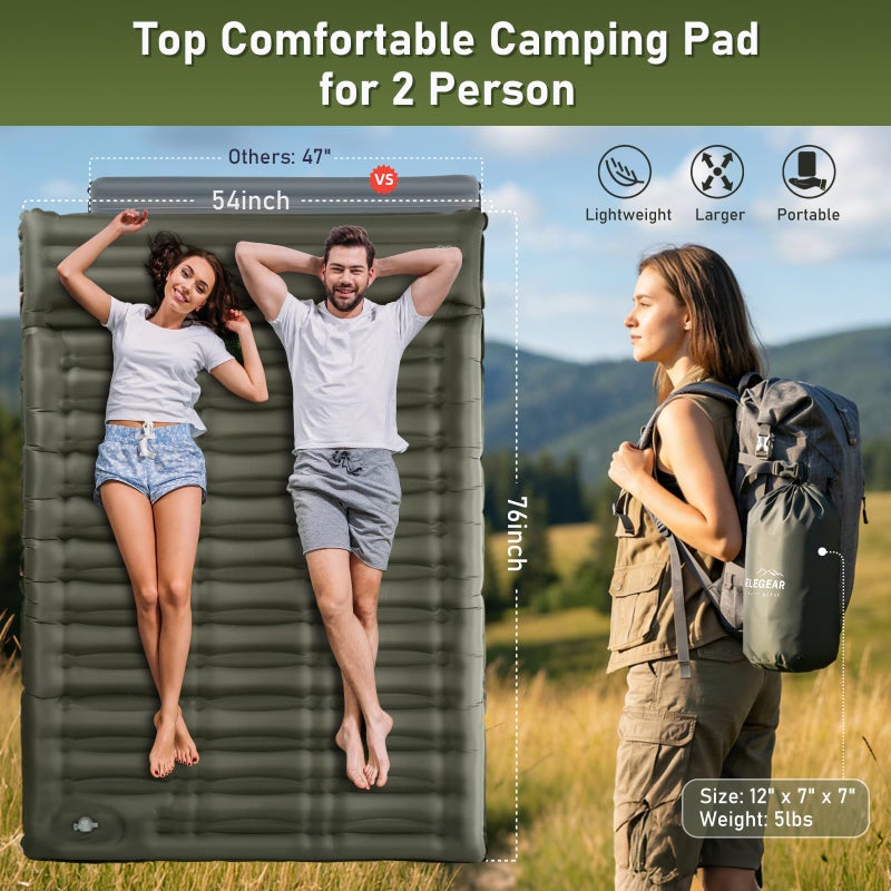 Elegear CumbreXâ„¢ Double Sleeping Pad for Camping, 5.5" Ultra-Thick Inflatable Camping Sleeping Pad 2 Person with Built-in Foot Pump, Portable Camping Sleeping Mat for Backpacking Hiking Tent, Full - Image 2