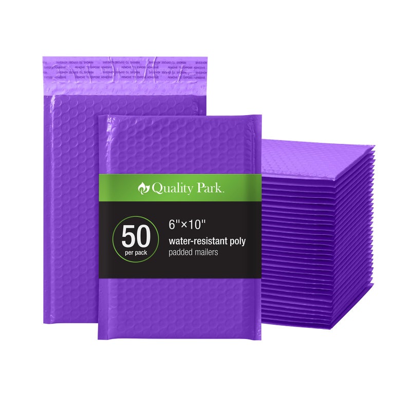 Quality Park Bubble Mailers, 6 x 9, Purple Poly Mailers, Padded Envelopes, Shipping Bags, Water Resistant, Self Seal, 50 Per Box (QUA85904) - Image 1