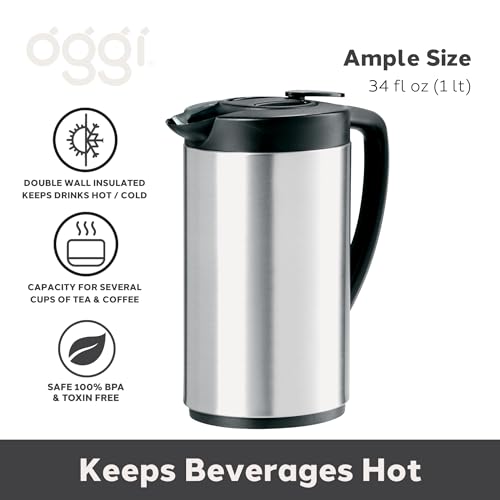 OGGI Oval Carafe Glass Liner - Stainless Steel Body, 1 Liter / 34oz Capacity - Ideal Glass Vacuum Coffee Carafe and Tea Thermos, Press Button for Easy Pouring - Stainless - Image 2