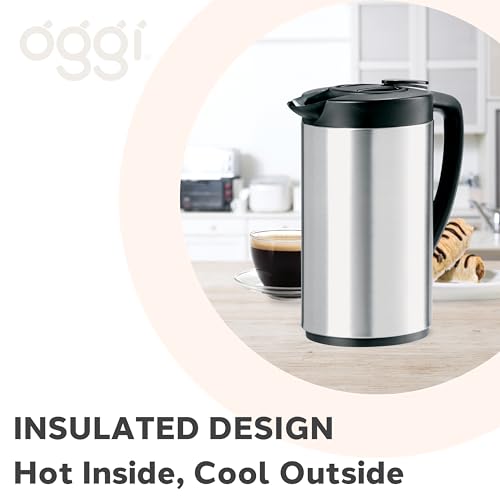 OGGI Oval Carafe Glass Liner - Stainless Steel Body, 1 Liter / 34oz Capacity - Ideal Glass Vacuum Coffee Carafe and Tea Thermos, Press Button for Easy Pouring - Stainless - Image 4