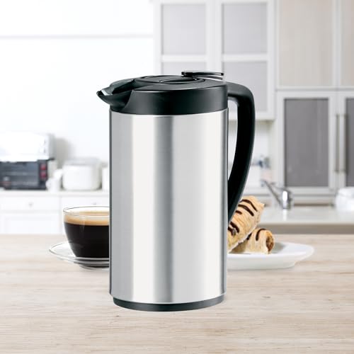 OGGI Oval Carafe Glass Liner - Stainless Steel Body, 1 Liter / 34oz Capacity - Ideal Glass Vacuum Coffee Carafe and Tea Thermos, Press Button for Easy Pouring - Stainless - Image 3